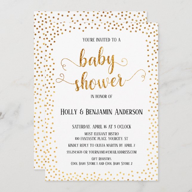 Faux Gold Confetti Typography Baby Shower Invitation (Front/Back)