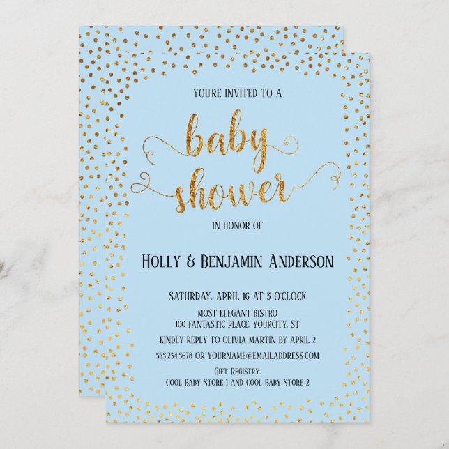 Faux Gold Confetti Typography Blue Baby Shower Invitation (Front/Back)