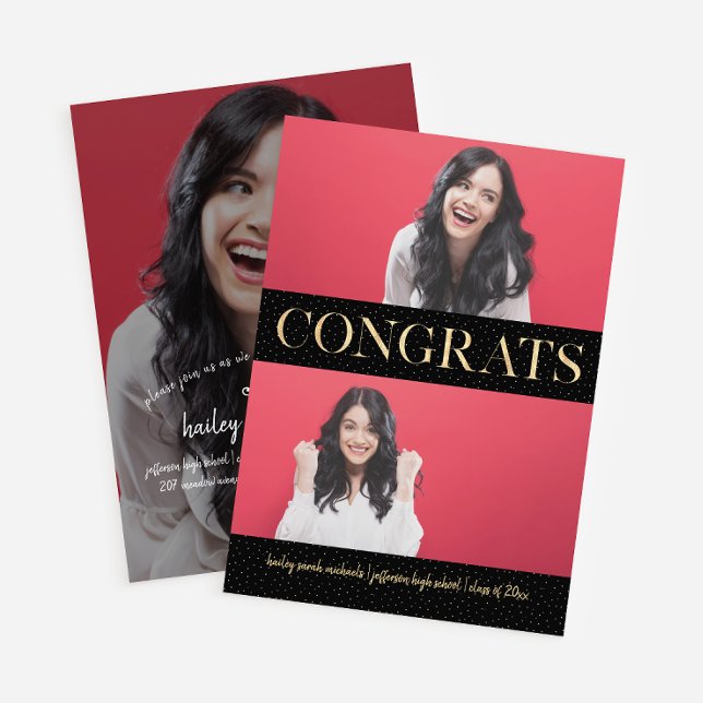 Faux Gold Congrats Three Photo Graduation Party Invitation (Creator Uploaded)