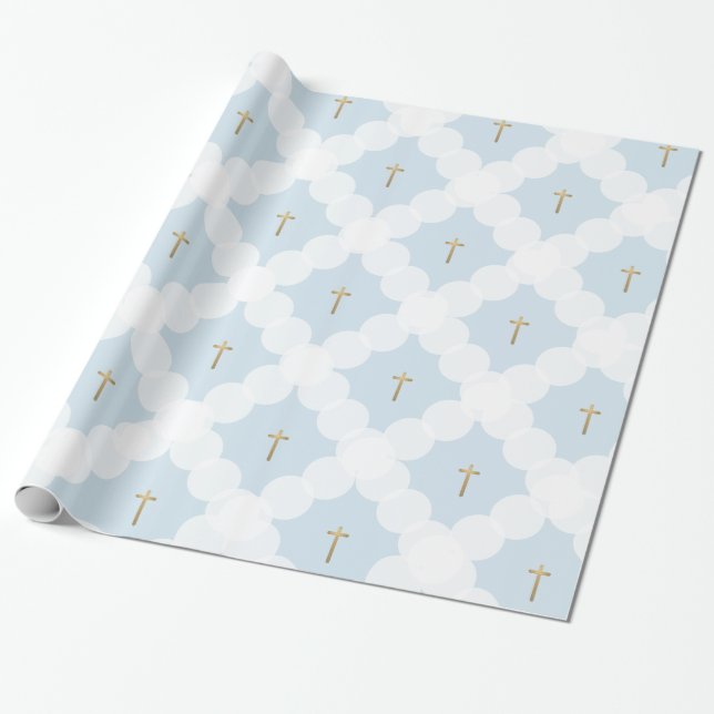 Faux gold cross white circle pattern baptism wrapping paper (Unrolled)