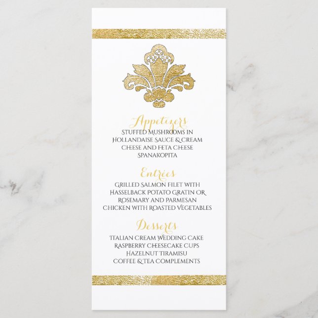 Faux Gold Damask Dinner Party Menu Black Custom (Front)