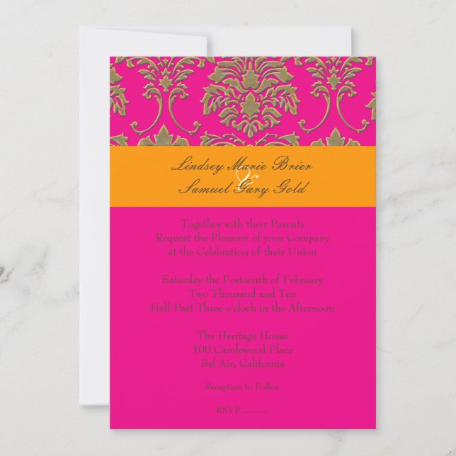 Faux Gold Damask/orange/hot pink Invitation (Front)