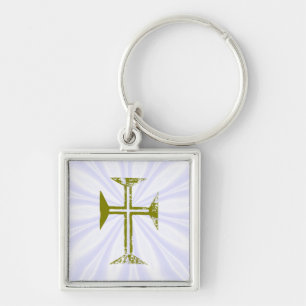 Faux Gold Destroyed Look Cross with White Rays Key Ring