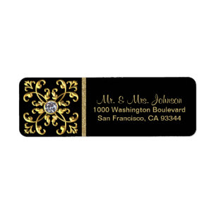 Faux Gold Diamond Black Envelope Return Address Label