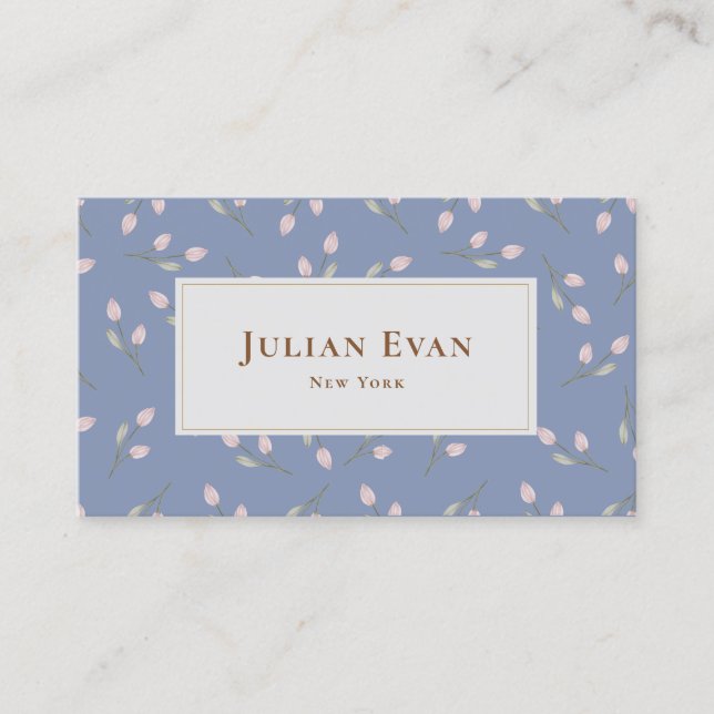 Faux Gold Dusty Blue Floral Business Card (Front)