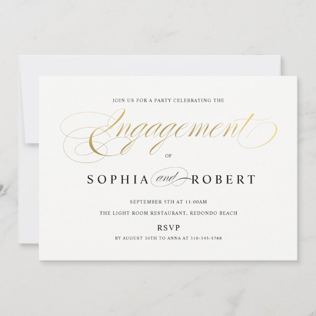 Faux Gold Elegant Calligraphy Engagement Monogram  Invitation (Front)