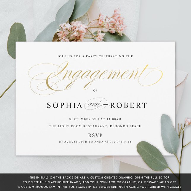 Faux Gold Elegant Calligraphy Engagement Monogram Invitation (Creator Uploaded)