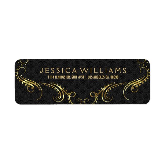 Faux Gold Elegant Floral Frame On Black Return Address Label