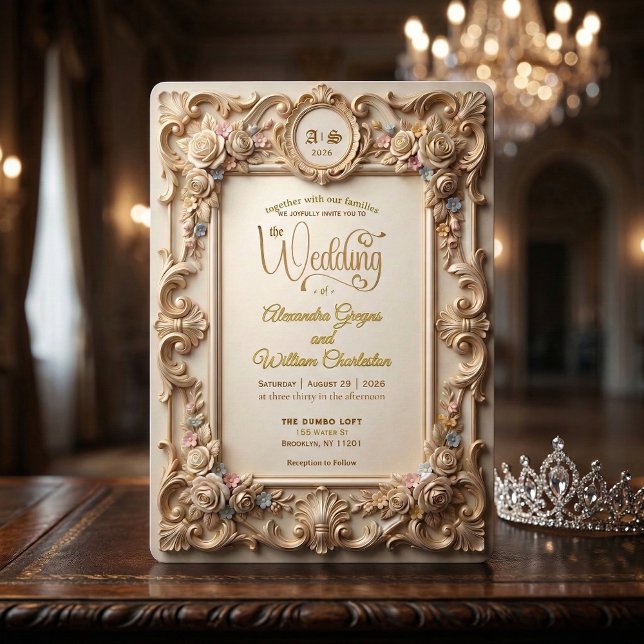 Faux Gold Embossed Rococo Floral Crest Invitation (Creator Uploaded)