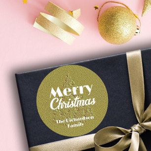 Faux Gold Embossed Tree Traditional Christmas Classic Round Sticker