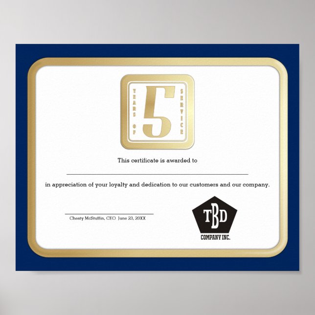 Faux gold employee 5 years service award poster (Front)