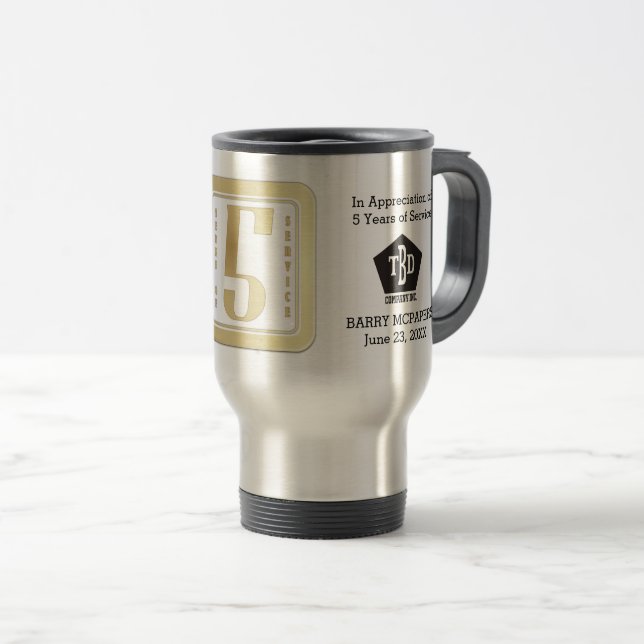 Faux gold employee 5 years service award travel mug (Front Right)