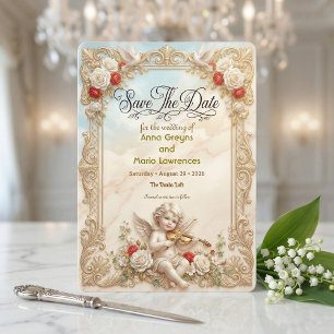 Faux Gold Filigree & Printed Marble Rococo Save The Date