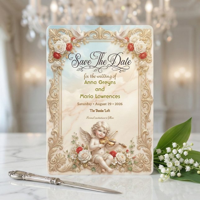 Faux Gold Filigree & Printed Marble Rococo Save The Date (Creator Uploaded)
