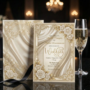 Faux Gold Filigree Satin Drapery Formal Wedding  Invitation