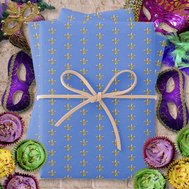 Faux Gold FleurDeLis on Blue Wrapping Paper Sheet (Faux Gold FleurDeLis on Blue Wrapping Paper Sheets by Leapfroglisics Shop)