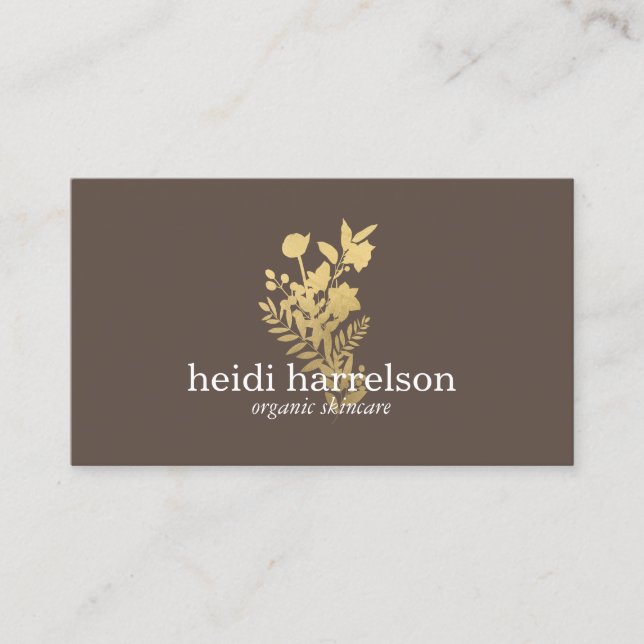 Faux Gold Floral Logo on Dark Brown Business Card (Front)