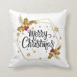 Faux Gold Floral Merry Christmas   Throw Pillow