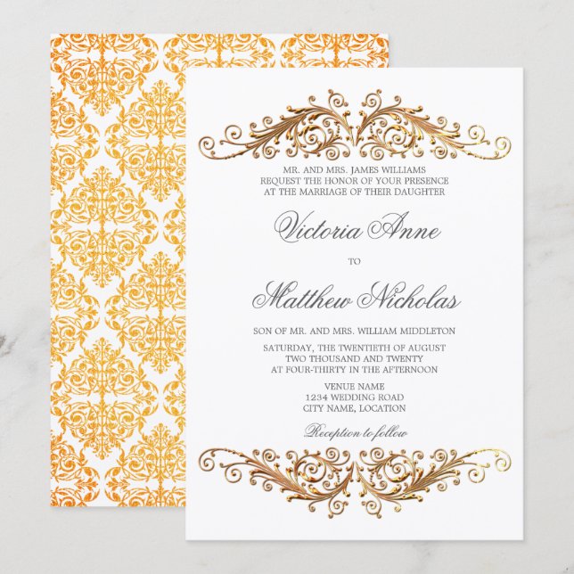 Faux Gold Flourish Damask Invitation (Front/Back)