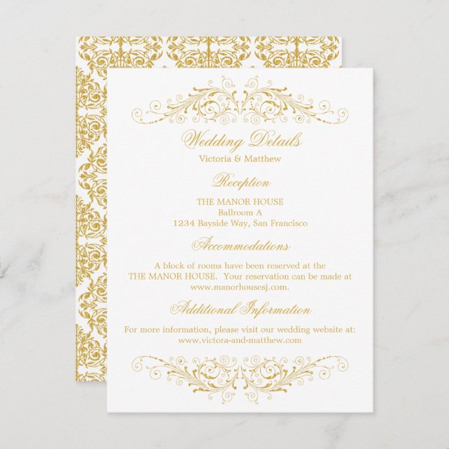 Faux Gold Flourish Damask Wedding Details Invitation (Front/Back)