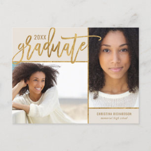 Faux Gold Foil 2 Photo Graduation Announcement Pos Postcard