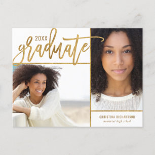 Faux Gold Foil 2 Photo Graduation Announcement Postcard