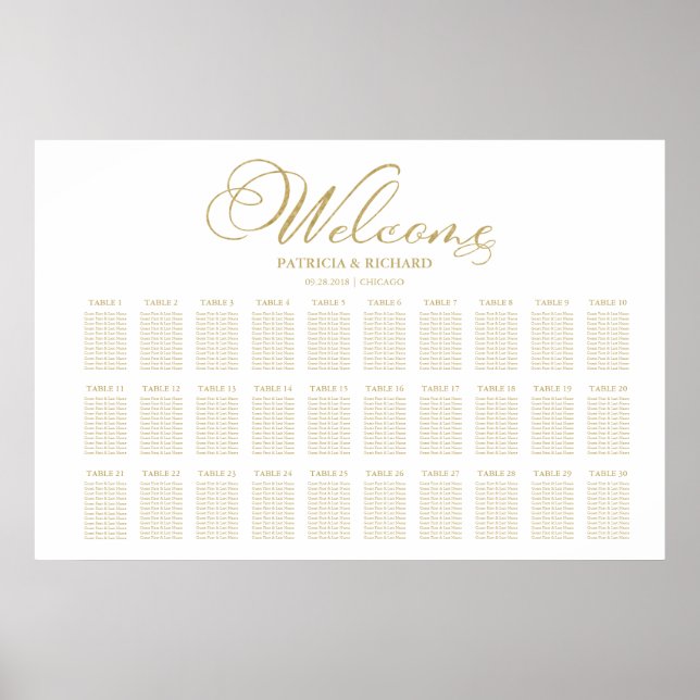 Faux Gold Foil 30 Tables Wedding Seating Chart (Front)
