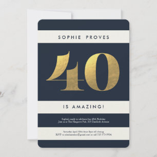 Faux Gold Foil 40th Birthday Invitation // Navy