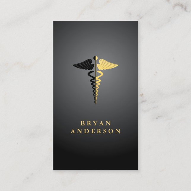 Faux Gold Foil and Black Caduceus Symbol Business Card (Front)
