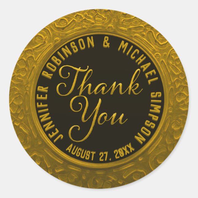 Faux Gold Foil and Black Thank You Classic Round Sticker (Front)