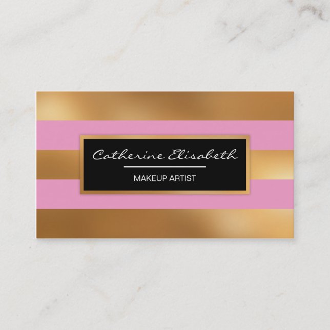Faux Gold Foil and Pink Stripes, Makeup Artist Business Card (Front)
