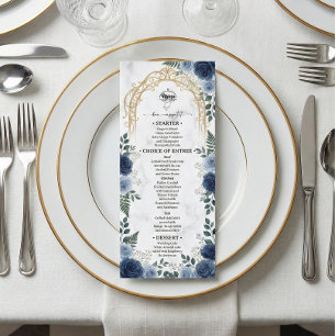 Faux Gold Foil Arch Navy Floral Printed Marble Menu