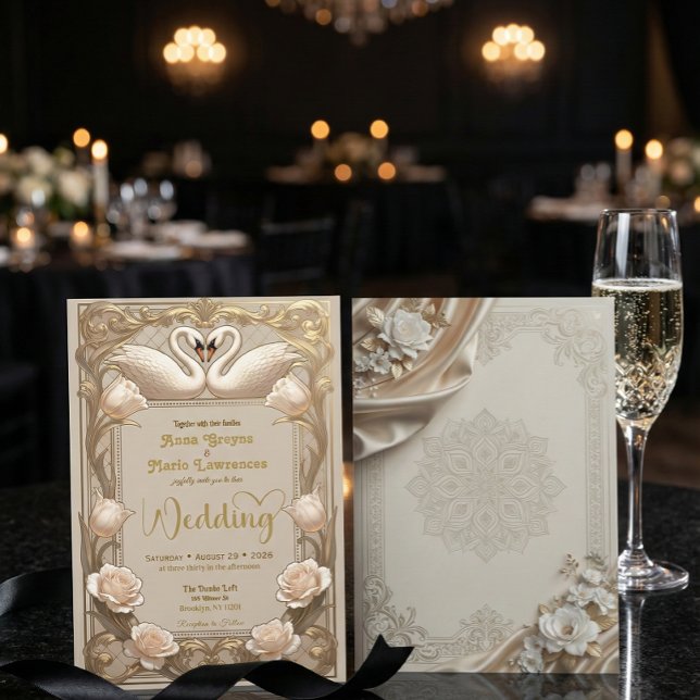 Faux Gold Foil Baroque Swans Champagne Invitation (Creator Uploaded)