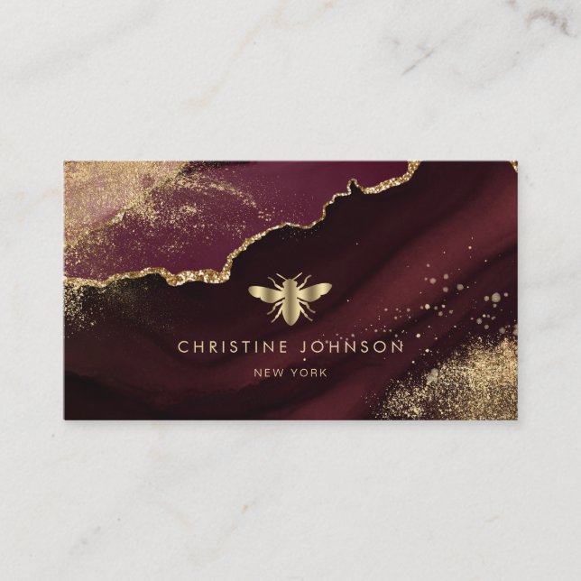 faux gold foil bee on burgundy design business card (Front)