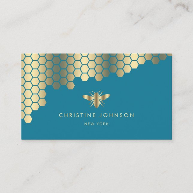 faux gold foil bee on mosaic blue business card (Front)