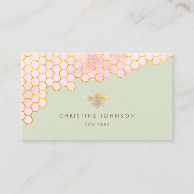 faux gold foil bee on sage green business card (Front)