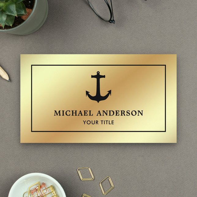 Faux Gold Foil Black Nautical Anchor Business Card (Creator Uploaded)
