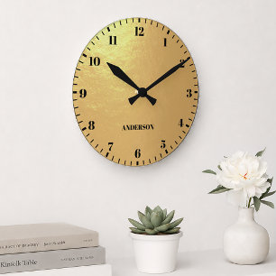 Faux Gold Foil Black Numbers Custom Name Round Clock