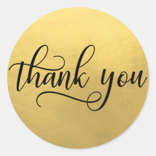 Faux GOLD FOIL Black Script Calligraphy Thank You Classic Round Sticker