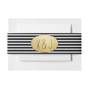 Faux Gold Foil Black Stripes Wedding Monogram Invitation Belly Band