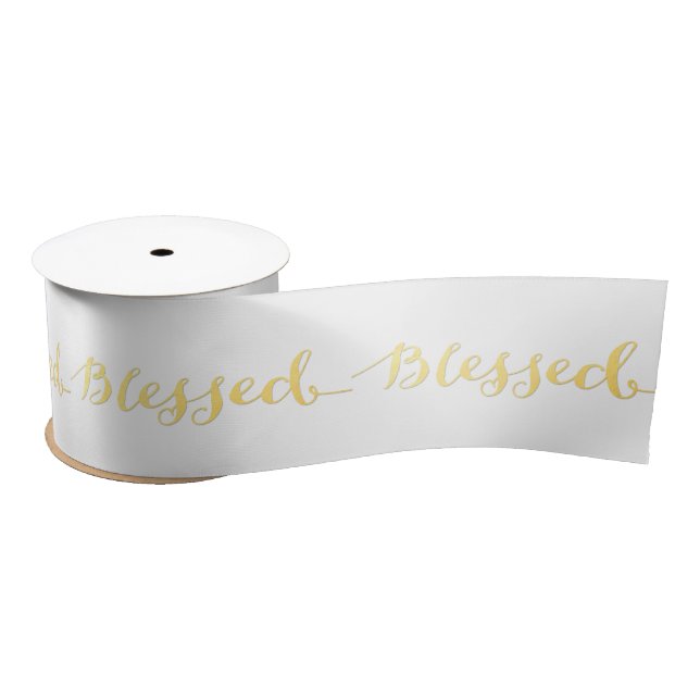 Faux Gold Foil Blessed | White Holiday Ribbon Satin Ribbon (Spool)