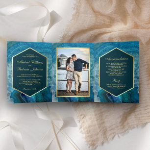Faux Gold Foil Blue Agate Wedding Photo Tri-Fold Invitation
