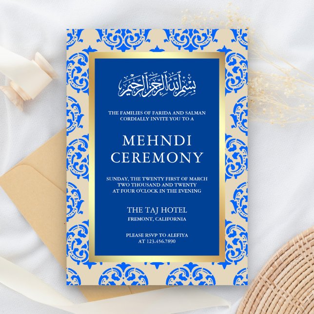 Faux Gold Foil Blue Damask Islamic Mehndi Ceremony Enclosure Card (Creator Uploaded)