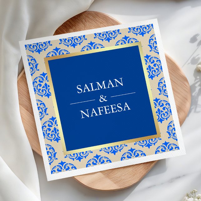 Faux Gold Foil Blue Damask Wedding Napkin (Creator Uploaded)