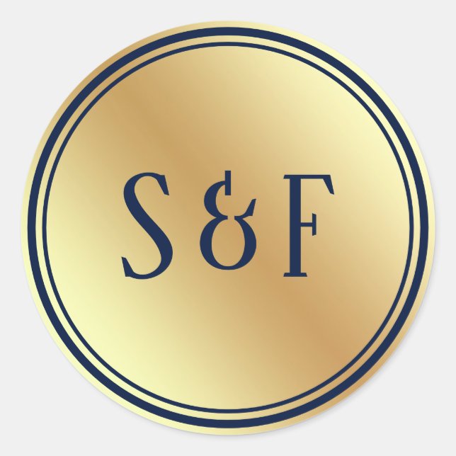 Faux Gold Foil Blue Wedding Monogram Envelope Seal (Front)