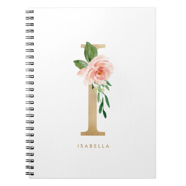 Faux Gold Foil Blush Pink Floral Letter I Monogram Notebook (Front)
