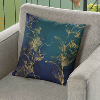 Faux gold foil botanical leaves navy vintage chic cushion