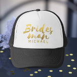 Faux Gold Foil Bridesman Wedding Trucker Hat<br><div class="desc">Add your bridesman's name to this black and white trucker hat. Makes a useful thank you gift for being the best bridesman you've ever had at your wedding. Plus he'll feel part of your bride tribe. Fabulous faux foil! It's a printed visual effect and will never flake off</div>