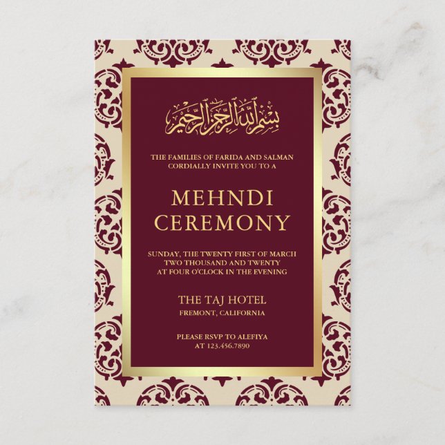 Faux Gold Foil Burgundy Damask Islamic Mehndi Enclosure Card (Front)
