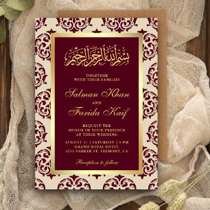 Faux Gold Foil Burgundy Damask Muslim Wedding Invitation